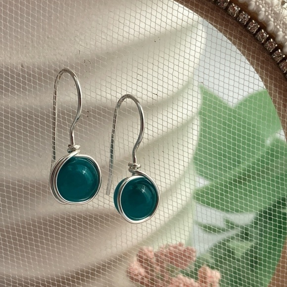 Hand Crafted Jewelry - TEAL and Silver Wire Wrapped Minimalist Earrings